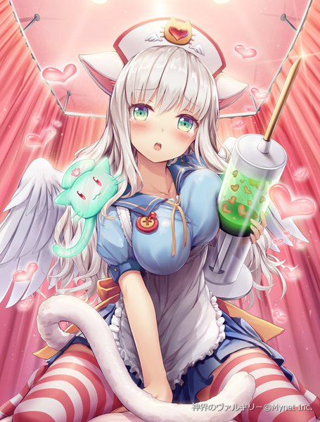 Anime picture 683x900 with shinkai no valkyrie catcine (shinkai no valkyrie) akkijin single long hair tall image looking at viewer blush fringe breasts open mouth light erotic hair between eyes large breasts sitting green eyes animal ears silver hair indoors tail