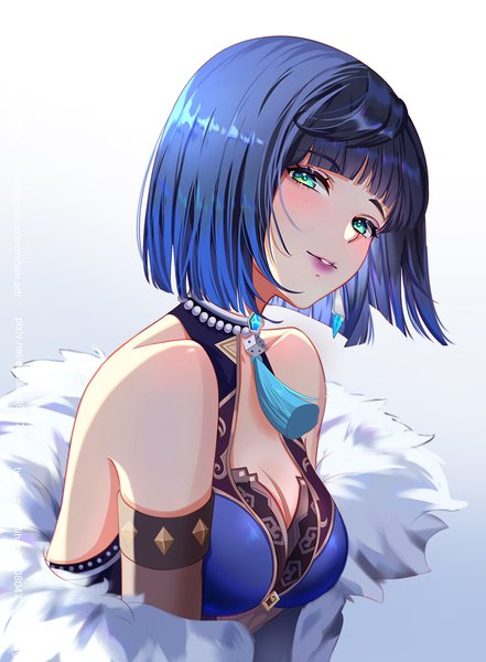 Anime picture 1000x1361 with genshin impact yelan (genshin impact) mihan77108047 single tall image looking at viewer blush fringe short hair simple background green eyes blue hair cleavage upper body blunt bangs parted lips lips lipstick gradient background purple lipstick