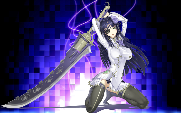 Anime picture 2853x1783 with phantasy star portable nagisa (psp2i) nakabayashi reimei single long hair highres open mouth light erotic wide image green eyes blue hair hair flower girl thighhighs dress hair ornament flower (flowers) weapon black thighhighs eyepatch