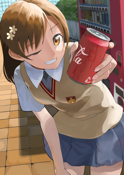 Anime picture 4299x6071 with to aru kagaku no railgun j.c. staff coca-cola misaka mikoto bsk3pp single tall image looking at viewer fringe highres short hair breasts smile brown hair holding yellow eyes payot absurdres outdoors pleated skirt