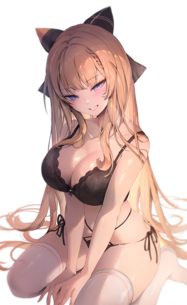 Anime picture 2200x3579 with original zerocat single long hair tall image looking at viewer blush fringe highres breasts blue eyes light erotic simple background blonde hair smile large breasts white background sitting cleavage blunt bangs
