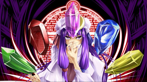 Anime picture 1920x1080 with touhou patchouli knowledge highres smile wide image purple eyes purple hair girl ribbon (ribbons) hat crystal