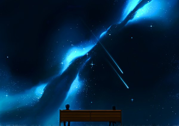 Anime picture 3507x2480 with original craft ghost highres sitting absurdres sky night night sky landscape shooting star girl boy star (stars) bench