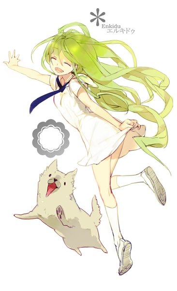 Anime picture 700x1146 with fate (series) fate/strange fake type-moon enkidu (fate) shishio (pixiv) single long hair tall image open mouth simple background smile white background eyes closed green hair inscription happy soles jumping otoko no ko dress