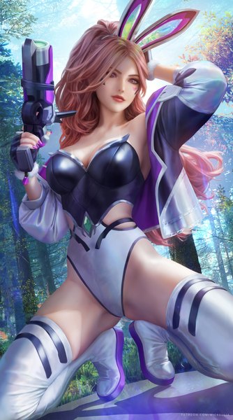 Anime picture 3900x7000 with league of legends miss fortune (league of legends) wickellia single long hair tall image looking at viewer highres breasts light erotic large breasts pink hair absurdres sky cleavage cloud (clouds) outdoors ponytail nail polish pink eyes