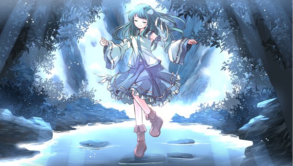 Anime picture 2205x1254 with touhou kochiya sanae risutaru single long hair fringe highres wide image standing full body bent knee (knees) outdoors eyes closed wind aqua hair night wide sleeves standing on one leg spread arms girl
