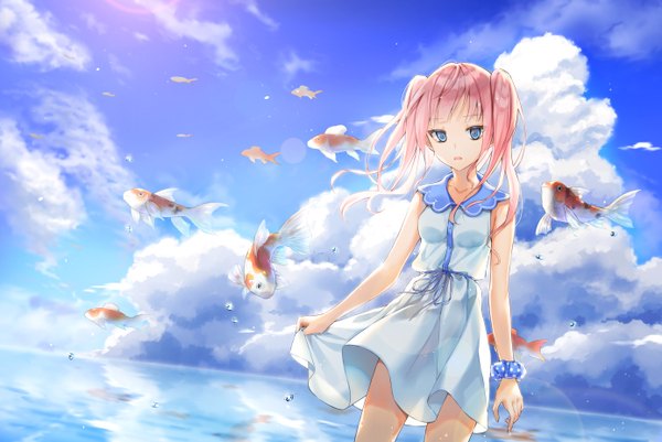 Anime picture 2772x1856 with original cha chya single long hair looking at viewer fringe highres open mouth blue eyes standing twintails pink hair sky cloud (clouds) outdoors pleated skirt wind lens flare horizon wrist scrunchie