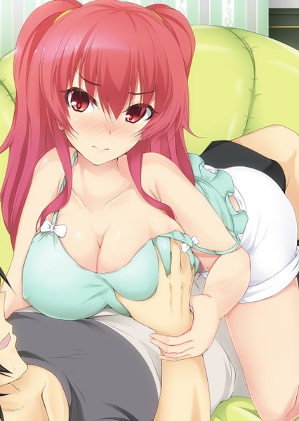 Anime picture 898x1264 with rakudai kishi no cavalry stella vermillion kurogane ikki yuu (oosakazaijyuu) long hair tall image blush breasts light erotic red eyes large breasts red hair couple breast grab girl boy couch