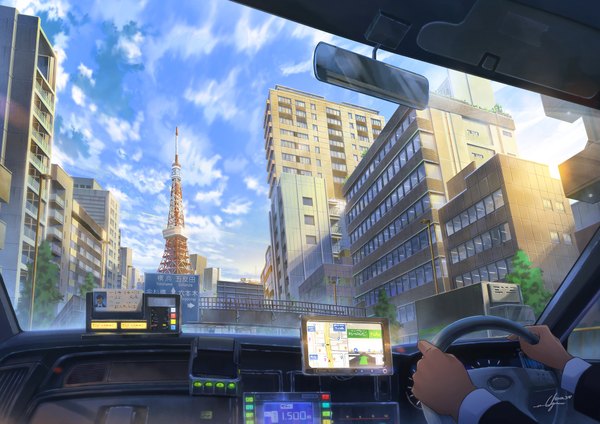 Anime picture 1920x1357 with original niko p single highres signed sky cloud (clouds) city scenic car interior real world location tokyo boy building (buildings) suit ground vehicle car truck tokyo tower