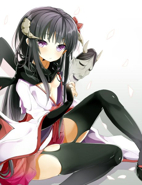 Anime picture 1000x1300 with inu x boku ss david production shirakiin ririchiyo kazu kakao single long hair tall image blush black hair simple background white background purple eyes traditional clothes hair flower horn (horns) girl thighhighs skirt hair ornament black thighhighs