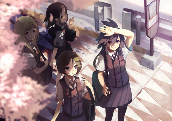 Anime picture 1215x859 with original shirabi long hair short hair blue eyes black hair blonde hair multiple girls purple hair looking up girl petals serafuku 4 girls school bag