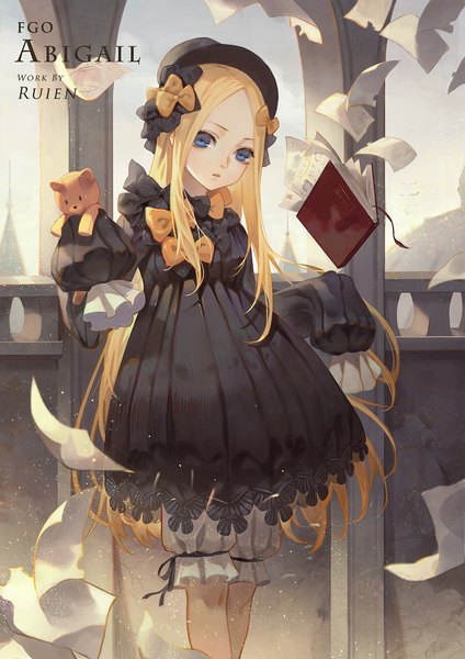 Anime picture 1000x1415 with fate (series) fate/grand order abigail williams (fate) gawain (artist) single long hair tall image looking at viewer blue eyes blonde hair standing signed payot outdoors parted lips head tilt character names sleeves past wrists girl dress