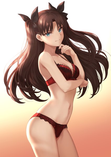 Anime picture 1302x1842 with fate (series) fate/stay night toosaka rin mashuu (neko no oyashiro) single long hair tall image looking at viewer blush fringe breasts blue eyes light erotic simple background smile brown hair standing bare shoulders cleavage two side up