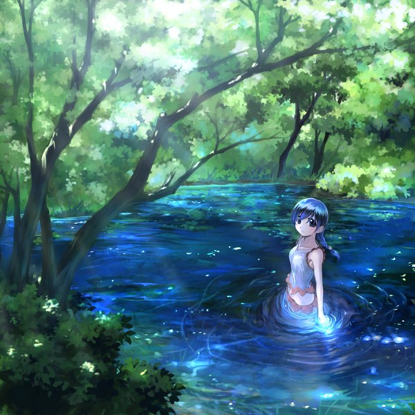 Anime picture 1500x1500 with original ikeda jun (mizutamari) single long hair looking at viewer blue eyes blue hair girl plant (plants) tree (trees) water