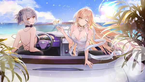 Anime picture 1920x1080 with ao la xing zuo600 blush fringe highres short hair blonde hair smile wide image sitting multiple girls holding yellow eyes payot sky cleavage cloud (clouds) ahoge outdoors very long hair