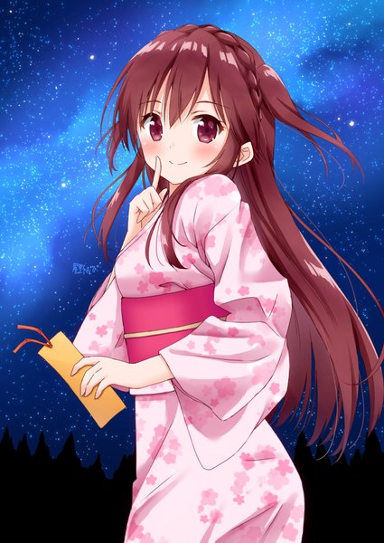 Anime picture 702x991 with original hoshino kagari single long hair tall image looking at viewer blush fringe smile hair between eyes brown hair purple eyes braid (braids) traditional clothes japanese clothes night two side up night sky finger to mouth crown braid