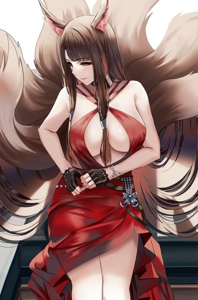 Anime picture 1500x2271 with azur lane akagi (azur lane) akagi (ruby-laced beauty) (azur lane) nicky w single tall image fringe breasts light erotic smile brown hair large breasts sitting bare shoulders brown eyes animal ears cleavage tail blunt bangs long sleeves