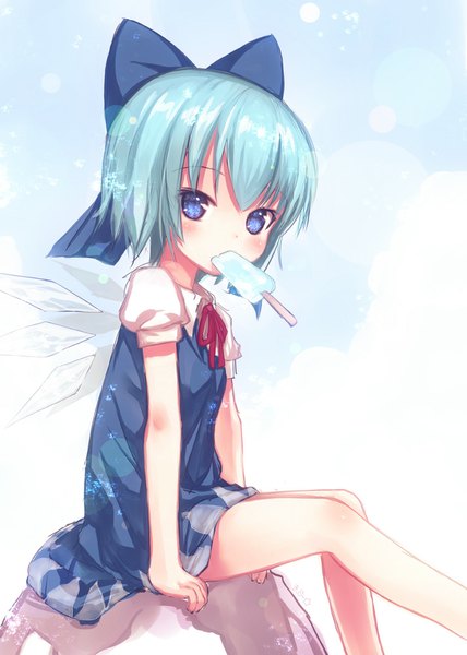 Anime picture 713x1000 with touhou cirno kiira single tall image looking at viewer blush short hair blue eyes sitting blue hair loli girl dress bow hair bow wings food sweets ice cream