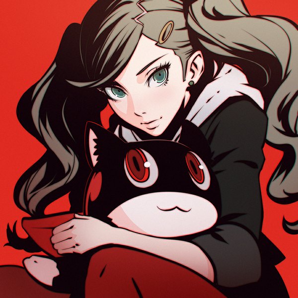 Anime picture 900x900 with persona 5 persona takamaki anne morgana (persona 5) ilya kuvshinov long hair looking at viewer simple background brown hair twintails bent knee (knees) aqua eyes lips wavy hair eyebrows red background girl hair ornament earrings hairclip