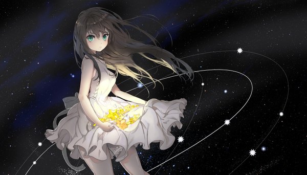 Anime picture 1500x857 with idolmaster idolmaster cinderella girls shibuya rin punch (bandi) single long hair fringe blue eyes brown hair wide image bare shoulders holding parted lips light girl thighhighs dress white thighhighs white dress star (symbol)