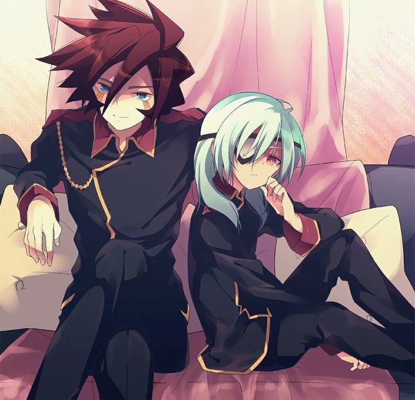 Anime picture 1000x965 with inazuma eleven sakuma jirou genda koujirou mzyk-mk2 long hair looking at viewer short hair smile red eyes brown hair sitting aqua hair multiple boys crossed legs scar boy 2 boys eyepatch