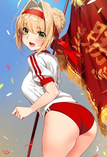 Anime picture 2394x3508 with fate (series) fate/grand order fate/extra nero claudius (fate) nero claudius (fate/extra) yd (orange maru) single tall image looking at viewer blush fringe highres breasts open mouth light erotic simple background blonde hair hair between eyes green eyes signed