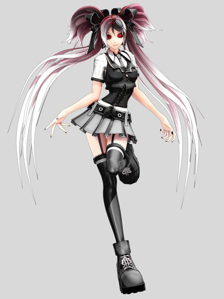 Anime picture 1125x1500 with vocaloid bacterial contamination (vocaloid) calcium deino single long hair tall image looking at viewer black hair simple background smile standing pink hair bent knee (knees) white hair nail polish pleated skirt multicolored hair fingernails grey background