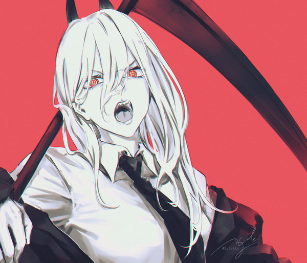 Anime picture 2800x2400 with chainsaw man mappa power (chainsaw man) hyde (tabakko) single long hair looking at viewer fringe highres open mouth simple background hair between eyes red eyes signed upper body white hair :d horn (horns) off shoulder teeth