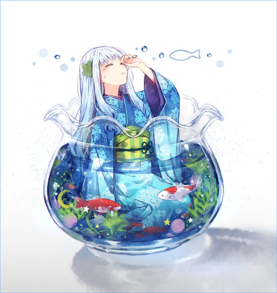 Anime picture 1150x1220 with original hakusai (tiahszld) single long hair tall image fringe simple background white background sitting silver hair eyes closed nail polish traditional clothes head tilt japanese clothes fingernails wide sleeves shadow tears partially submerged
