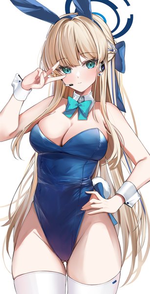 Anime picture 2200x4300 with blue archive toki (blue archive) toki (bunny) (blue archive) nemun (tamizzz) single long hair tall image looking at viewer blush fringe highres breasts blue eyes light erotic simple background blonde hair large breasts white background bare shoulders animal ears