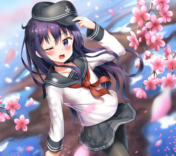 Anime-Bild 4000x3541 mit kantai collection akatsuki destroyer nedia (nedia region) single long hair looking at viewer blush highres open mouth purple eyes absurdres purple hair long sleeves one eye closed depth of field cherry blossoms girl skirt uniform hat