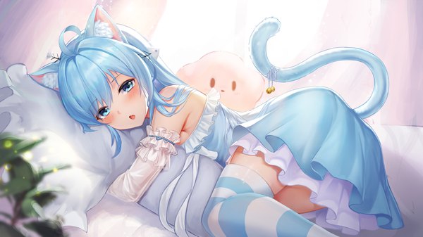 Anime picture 3840x2160 with original sramy single long hair looking at viewer blush fringe highres open mouth blue eyes light erotic hair between eyes wide image animal ears payot blue hair absurdres ahoge bent knee (knees) indoors
