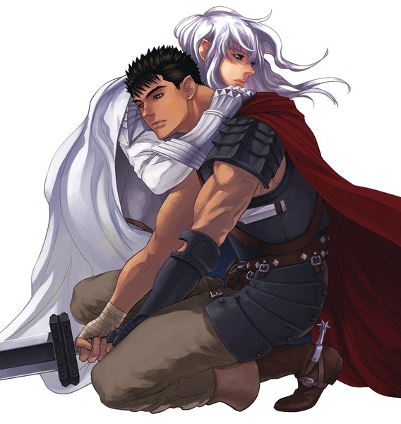 Anime picture 805x850 with berserk guts griffith zonzgong long hair tall image fringe short hair blue eyes black hair simple background hair between eyes white background holding brown eyes looking away full body bent knee (knees) white hair multiple boys