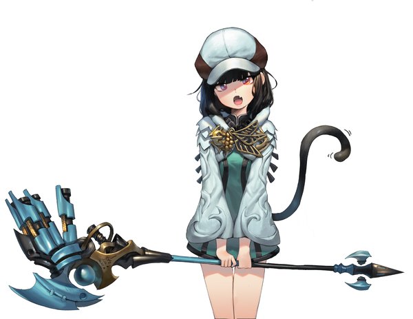 Anime picture 3113x2400 with final fantasy final fantasy xiv square enix miqo'te warrior of light romana single long hair looking at viewer fringe highres open mouth black hair red eyes white background absurdres tail blunt bangs long sleeves head tilt