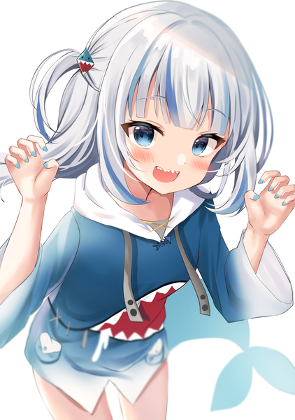 Anime picture 1200x1708 with virtual youtuber hololive hololive english gawr gura gawr gura (1st costume) hamico single long hair tall image looking at viewer blush open mouth blue eyes simple background white background silver hair tail nail polish :d multicolored hair