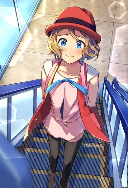Anime picture 1403x2048 with pokemon pokemon xy nintendo serena (pokemon) htk you13 single tall image blush short hair blue eyes blonde hair smile signed indoors from above twitter username lens flare hands behind back girl thighhighs