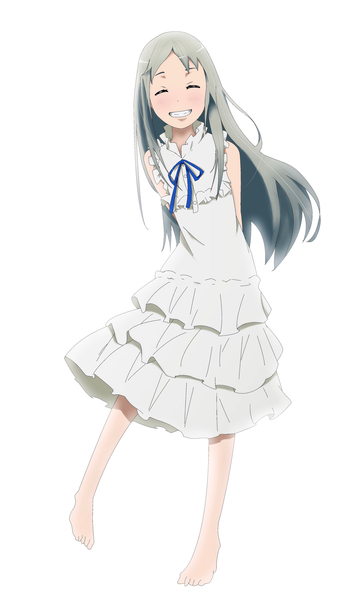 Anime picture 2456x4096 with ano hi mita hana no namae wo bokutachi wa mada shiranai a-1 pictures honma meiko drawdream1025 single long hair tall image highres simple background smile standing white background full body eyes closed barefoot grey hair sleeveless grin standing on one leg hands behind back