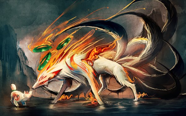 Anime picture 1600x1000 with okami amaterasu (okami) okamiden chibiterasu sakimichan wide image dark background mountain face to face eye contact multiple tails rock animal fire dog wolf