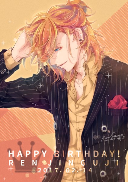 Anime picture 600x848 with uta no prince-sama a-1 pictures jinguji ren nagisa-a single long hair tall image blue eyes signed looking away upper body profile orange hair sparkle character names adjusting hair dated happy birthday boy earrings