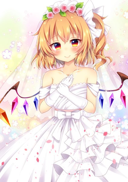 Anime picture 1447x2047 with touhou flandre scarlet sisterakuma single tall image looking at viewer short hair blonde hair smile red eyes bare shoulders hair flower one side up hand on chest girl dress gloves flower (flowers) petals wings