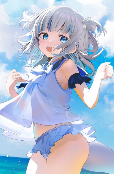 Anime picture 1347x2048 with virtual youtuber hololive hololive english gawr gura seicoh single long hair tall image looking at viewer blush fringe open mouth blue eyes light erotic smile standing sky silver hair cloud (clouds) outdoors
