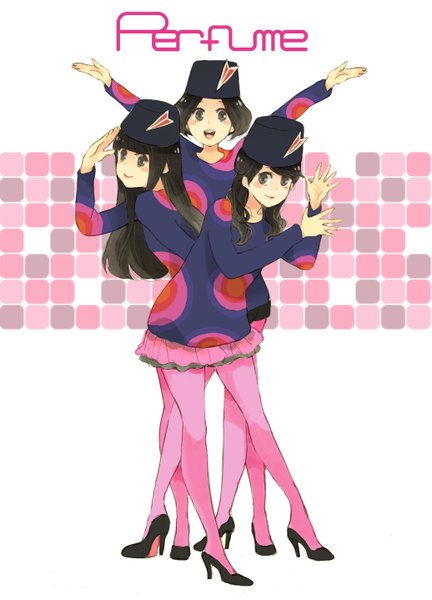 Anime picture 1035x1437 with perfume (group) ayano omoto (nocchi) yuka kashino (kashiyuka) ayaka ishiwaki (a-chan) riya (artist) long hair tall image blush short hair black hair smile multiple girls black eyes inscription spread arms salute girl dress hat pantyhose