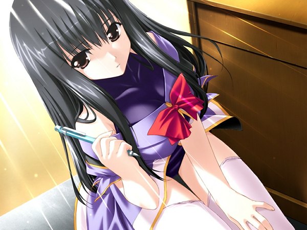 Anime picture 1024x768 with akihabara otaku school (game) long hair light erotic black hair game cg black eyes girl thighhighs white thighhighs