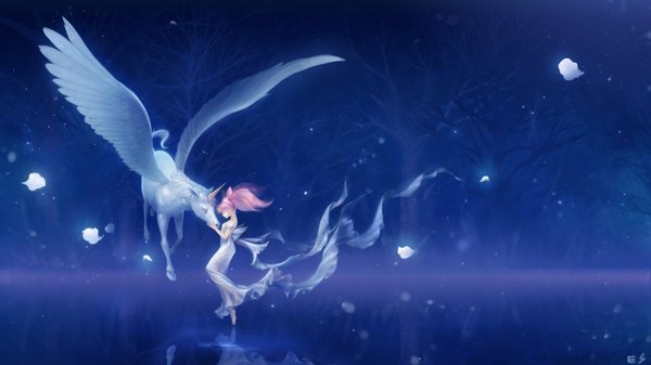 Anime picture 1821x1024 with bishoujo senshi sailor moon toei animation chibiusa pegasus (sailor moon) erian highres short hair wide image twintails pink hair dark background blue background girl dress plant (plants) petals wings tree (trees) pegasus