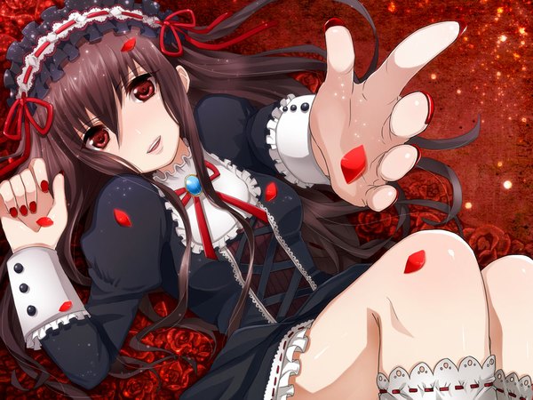 Anime picture 1000x750 with original hattori (junoct2000) single long hair red eyes brown hair nail polish lolita fashion girl flower (flowers) petals hairband rose (roses) red rose