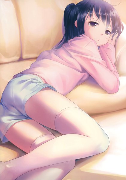 Anime picture 2317x3300 with original takoyaki (roast) single long hair tall image looking at viewer highres light erotic black hair brown eyes lying scan girl thighhighs white thighhighs shorts short shorts couch