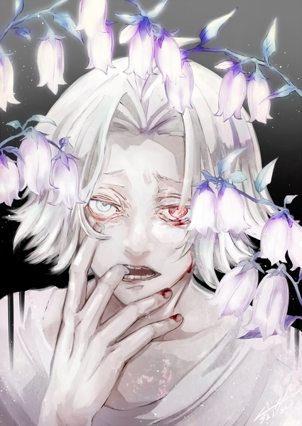 Anime picture 1274x1800 with tokyo ghoul studio pierrot takizawa seidou shishi (eai make) single tall image looking at viewer short hair open mouth simple background red eyes signed upper body white hair arm up teeth tears heterochromia dark background blood on face
