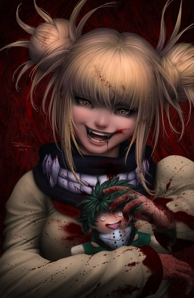 Anime picture 783x1200 with boku no hero academia studio bones midoriya izuku toga himiko digiflohw single tall image looking at viewer fringe short hair open mouth blonde hair smile holding signed yellow eyes payot upper body blunt bangs :d