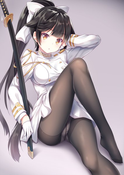 Anime picture 878x1240 with azur lane takao (azur lane) yuurei yashiki single long hair tall image looking at viewer blush fringe breasts light erotic black hair simple background sitting yellow eyes ponytail legs leg lift (legs lift) hand on face girl