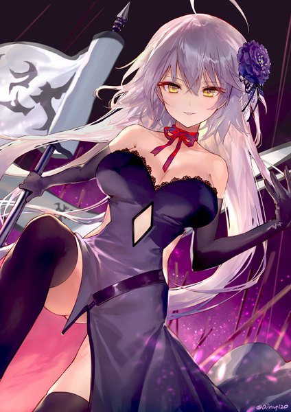 Anime picture 1100x1556 with fate (series) fate/grand order jeanne d'arc (fate) (all) jeanne d'arc alter (fate) ainy single long hair tall image looking at viewer blush fringe breasts light erotic hair between eyes standing bare shoulders holding signed yellow eyes silver hair